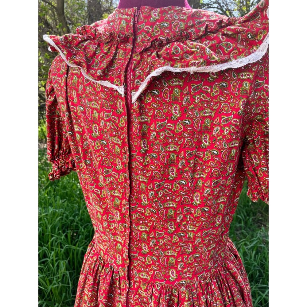 Vintage 1970s Peasant Maxi Dress Burgundy Cotton Paisley Flare - Picture 13 of 16